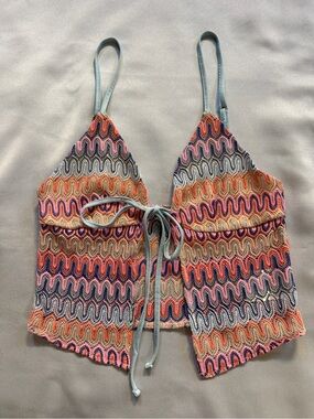 Divided Multicolor Crochet Crop Top with Light Blue Ties